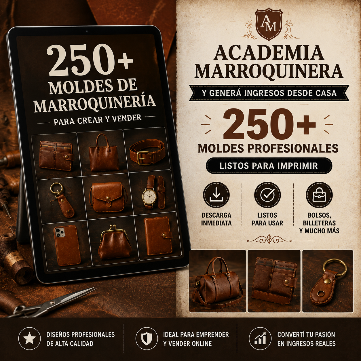 Academia Marroquinera: 250 Moldes Profesionales + 5 Bonos de Regalo